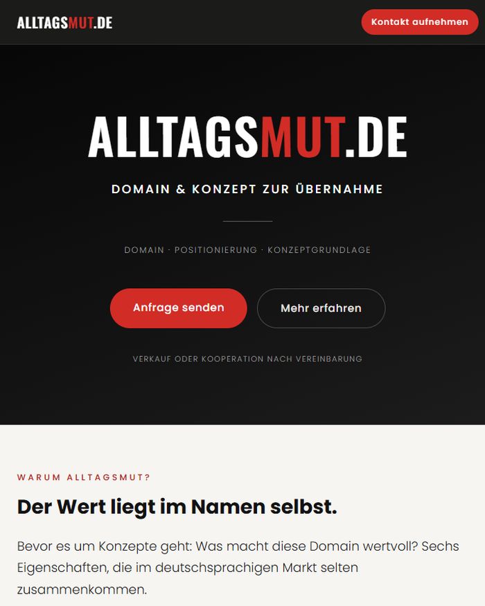 ALLTAGSMUT.DE – Domain & Konzept zur Übernahme, Startseite mit Slogan Domain · Positionierung · Konzeptgrundlage