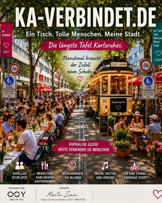 Karlsruhe-verbindet.de – Die längste Tafel Karlsruhes: Menschen sitzen gemeinsam an langen Tischreihen auf der Kaiserstraße