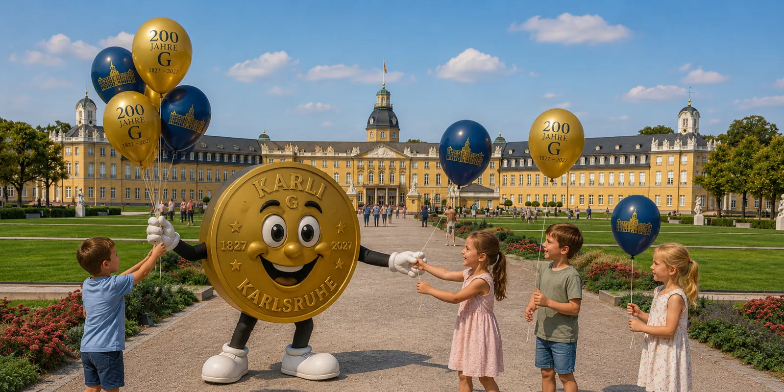 Karli mit Kindern und Luftballons vor dem Karlsruher Schloss