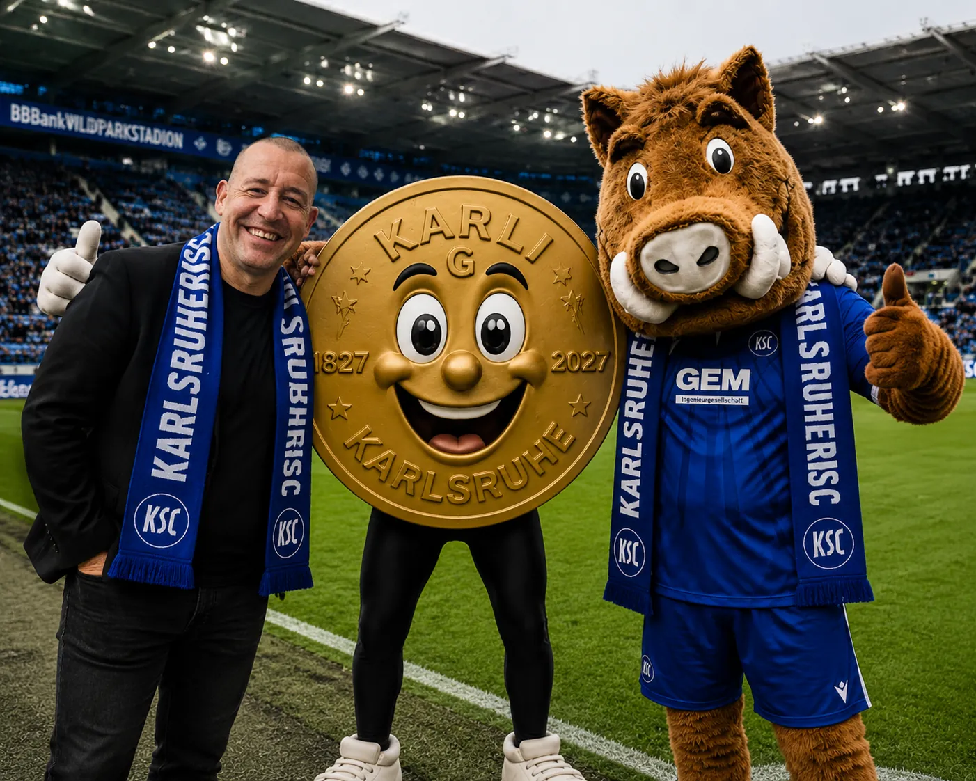 Karli mit dem KSC-Maskottchen im BBBank Wildparkstadion