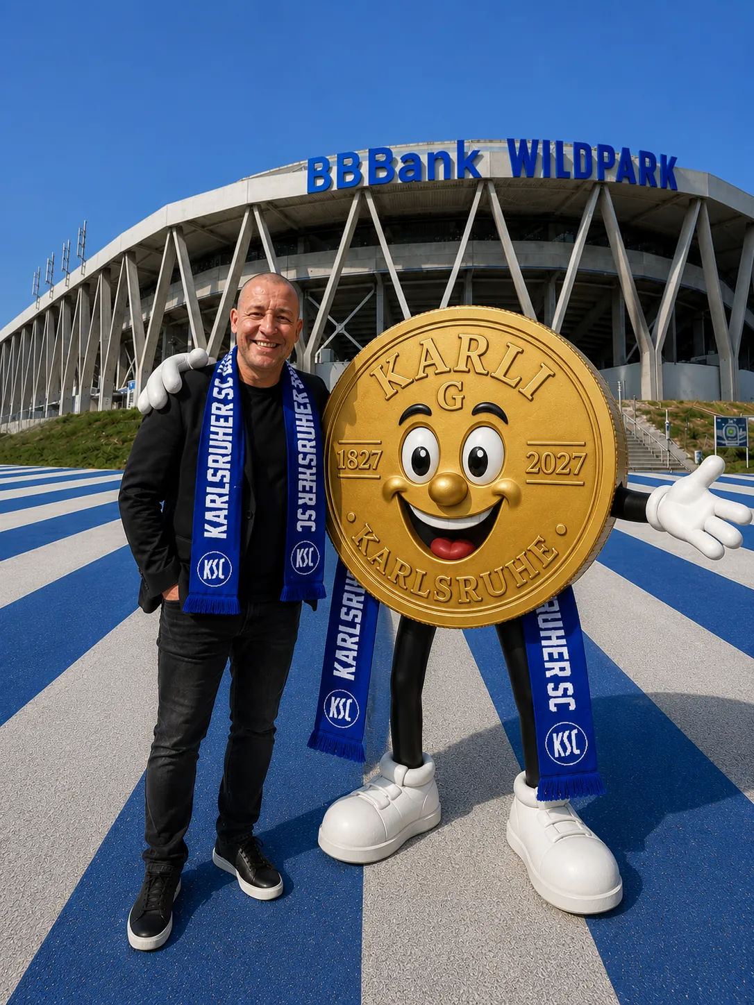Karli vor dem BBBank Wildparkstadion Karlsruhe
